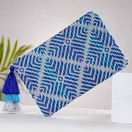 Blue Geometric Beaded Cotton Clutch Types Of Bags  For Women 